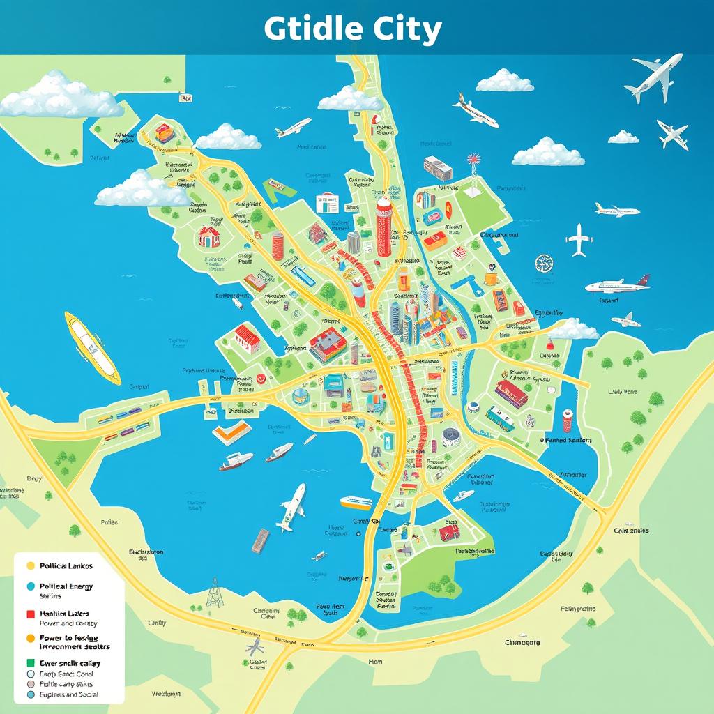 A vibrant global city map featuring a comprehensive array of infrastructure and services