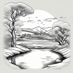 Incorporate the aesthetic of South East Queensland, Australia into the outline drawing of the farm logo. Maintain the foreground gum tree, hilltop perspective, and a pond at the hill's base.