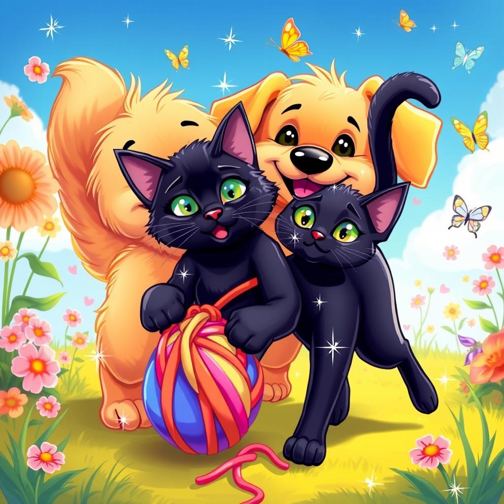 A vibrant cartoon-style image of a playful dog and cat frolicking together in a bright and colorful setting