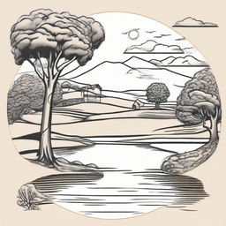 Incorporate the aesthetic of South East Queensland, Australia into the outline drawing of the farm logo. Maintain the foreground gum tree, hilltop perspective, and a pond at the hill's base.