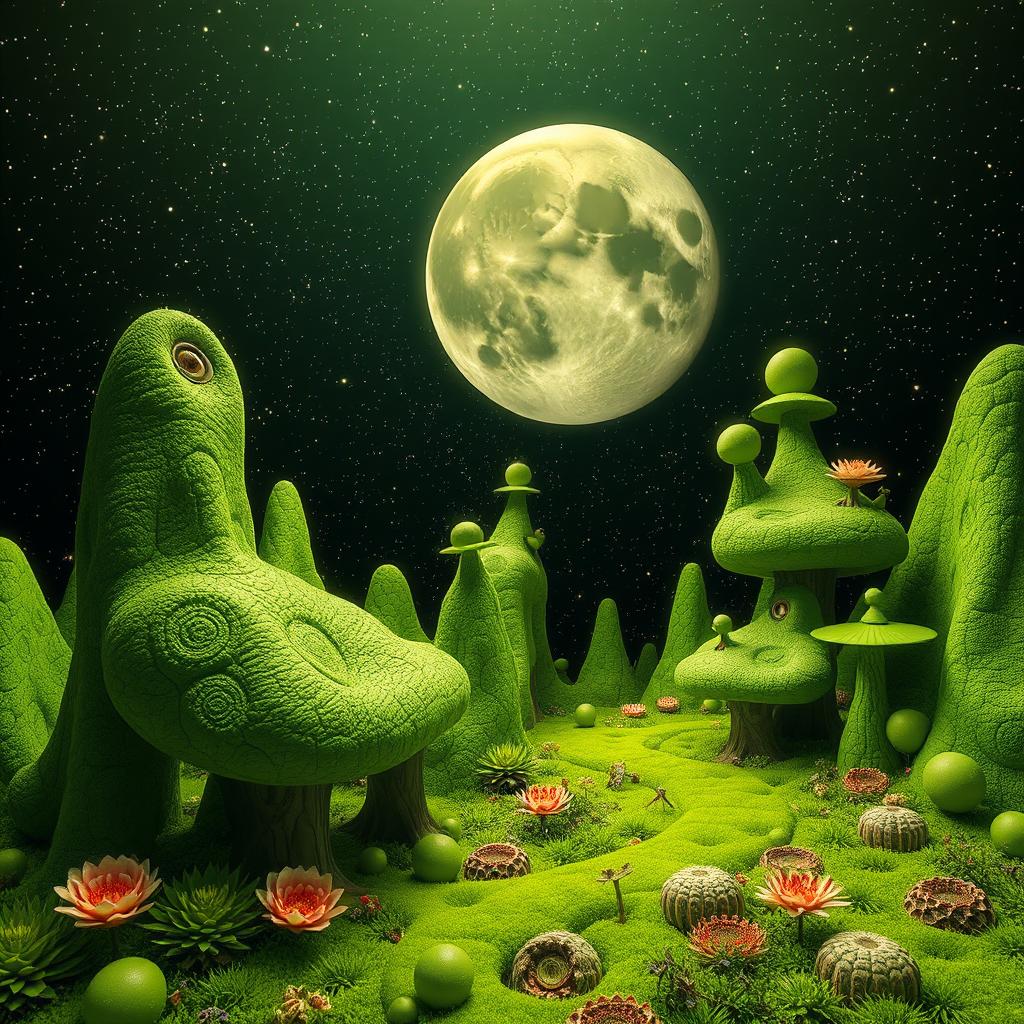 A surreal landscape in vibrant greens with unique, fantastical elements, featuring a night sky filled with countless stars