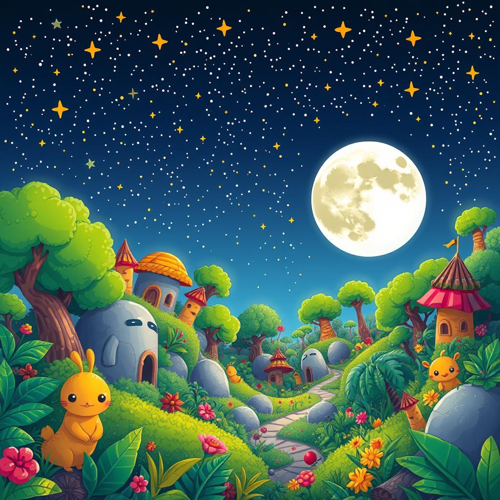 A vibrant cartoon-style landscape brimming with lush green foliage and unique features