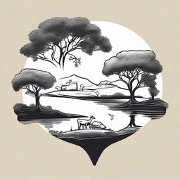 Incorporate the aesthetic of South East Queensland, Australia into the outline drawing of the farm logo. Maintain the foreground gum tree, hilltop perspective, and a pond at the hill's base.