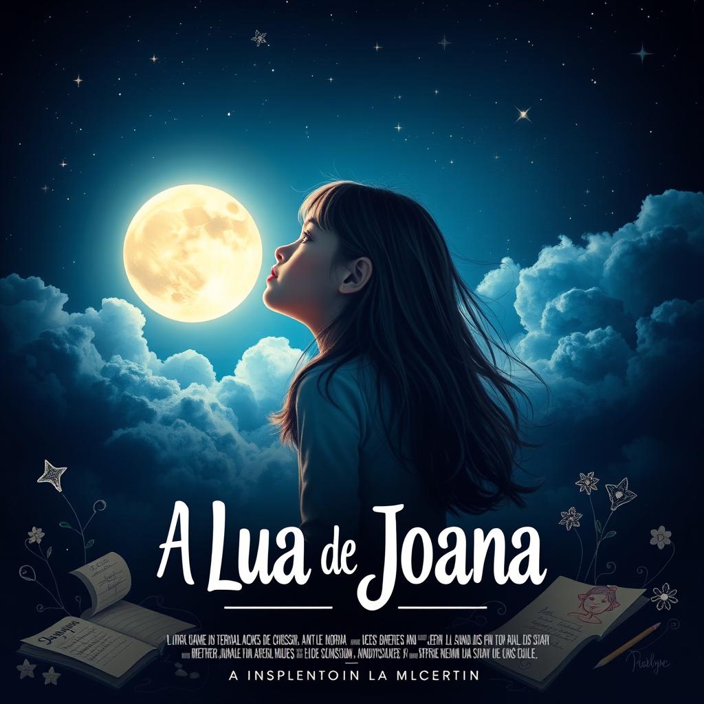 A dramatic movie poster for the book 'A Lua de Joana', featuring a young girl gazing up at a luminous full moon in a starry night sky