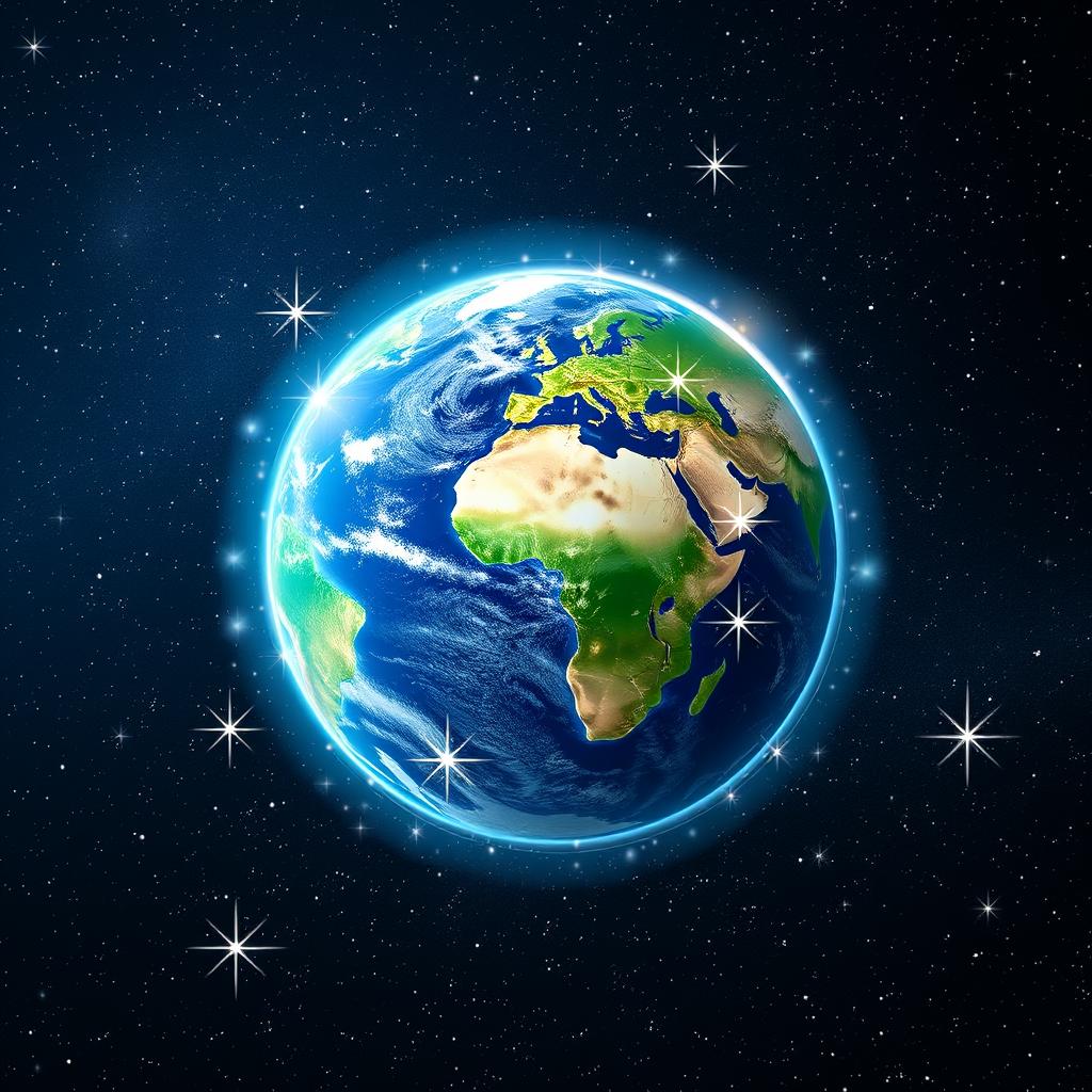 A mystical representation of planet Earth surrounded by twinkling stars in the vastness of space