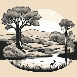 Incorporate the aesthetic of South East Queensland, Australia into the outline drawing of the farm logo. Maintain the foreground gum tree, hilltop perspective, and a pond at the hill's base.