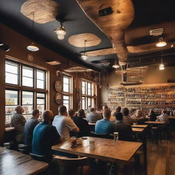 A lively scene of diverse individuals sitting in a craft brewery taproom; with wooden tables, steel kegs, delicately crafted tap handles, intricate ceiling design, and glasses filled with various shades of beer.