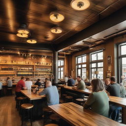 A lively scene of diverse individuals sitting in a craft brewery taproom; with wooden tables, steel kegs, delicately crafted tap handles, intricate ceiling design, and glasses filled with various shades of beer.