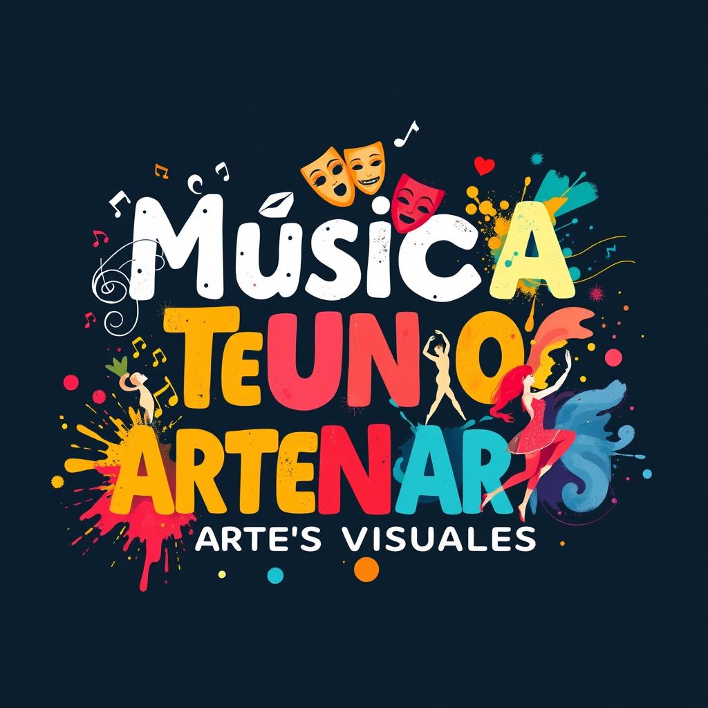 A vibrant and dynamic illustration that creatively blends the concepts of music, theater, dance, and visual arts