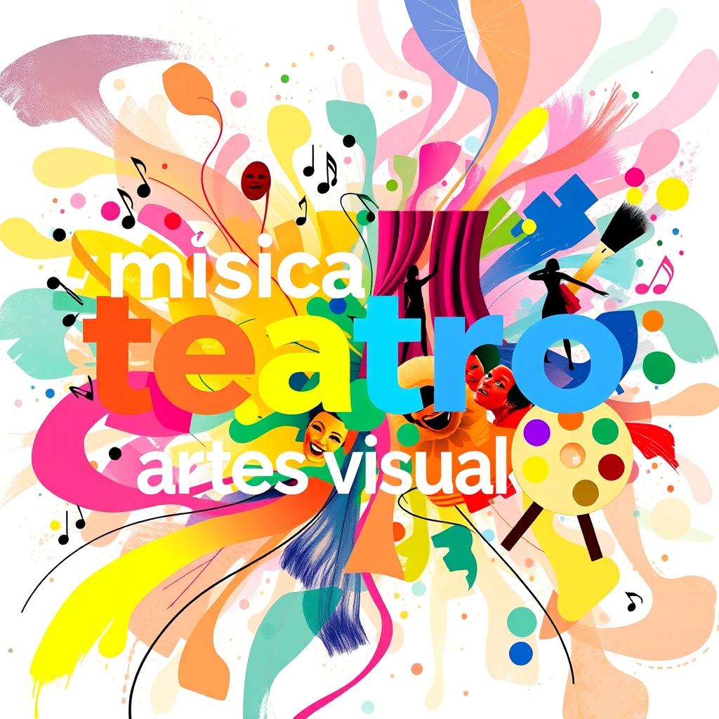 A vibrant and colorful composition that creatively integrates the words 'música', 'teatro', 'danza', and 'artes visuales'