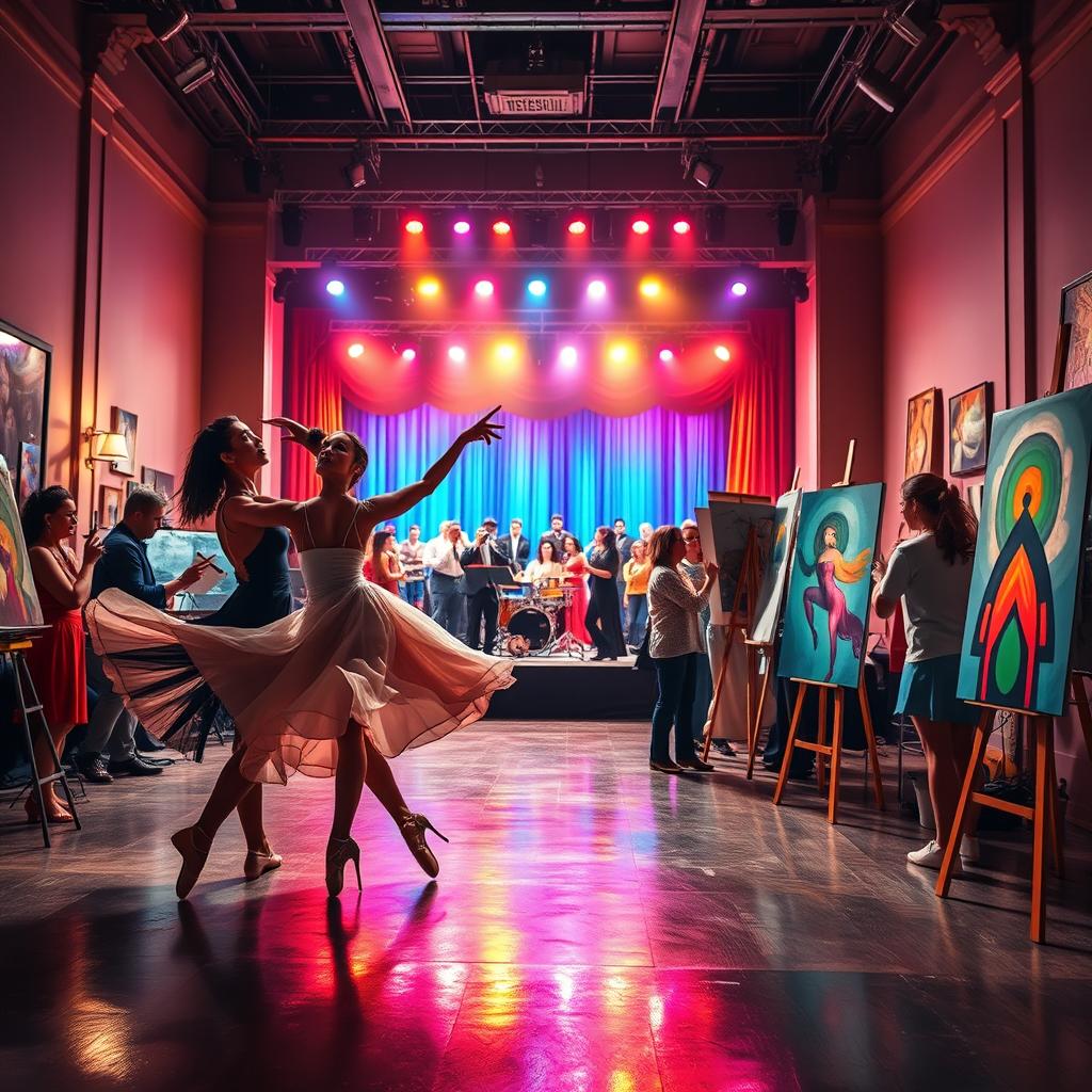 A vibrant and dynamic scene showcasing a fusion of music, theater, dance, and visual arts