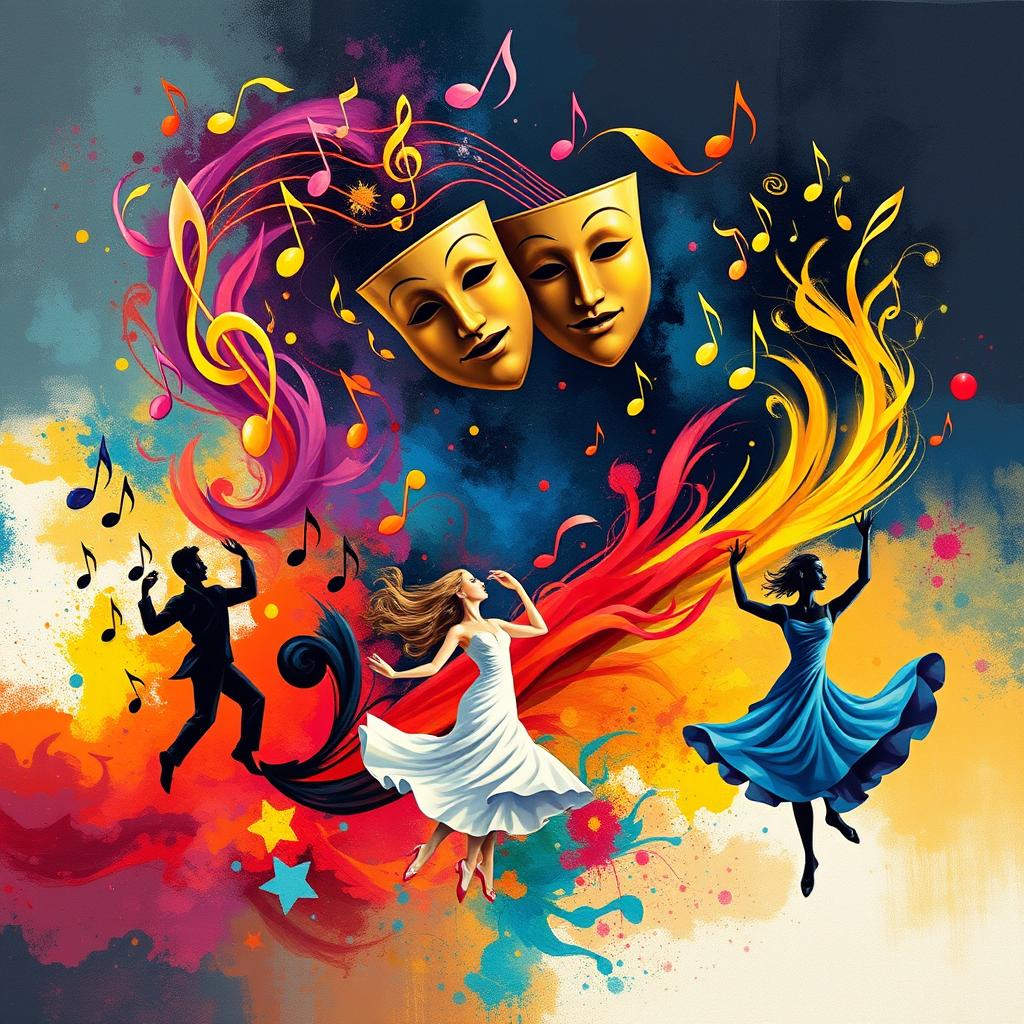 A lively and inspiring artistic representation that embodies the concepts of music, theater, dance, and visual arts
