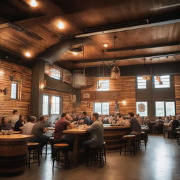 A lively scene of diverse individuals sitting in a craft brewery taproom; with wooden tables, steel kegs, delicately crafted tap handles, intricate ceiling design, and glasses filled with various shades of beer.