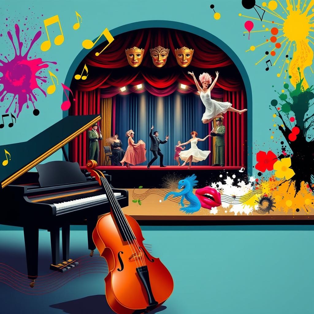 A vibrant artistic scene depicting the synergy of music, theater, dance, and visual arts