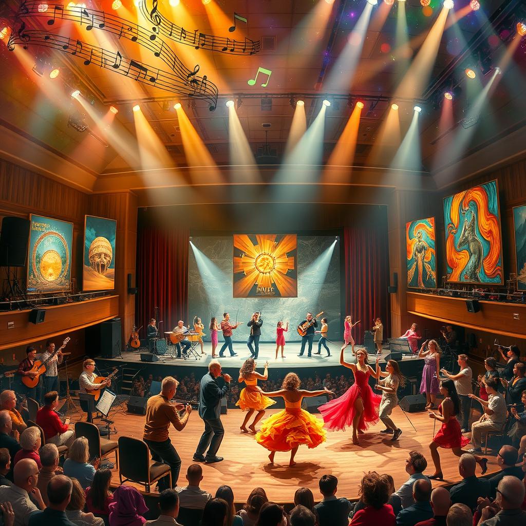 An enchanting fusion of music, theater, dance, and visual arts, showcasing a vibrant scene filled with musicians playing various instruments, dancers gracefully moving in colorful costumes, and stunning backdrops featuring striking visual art pieces