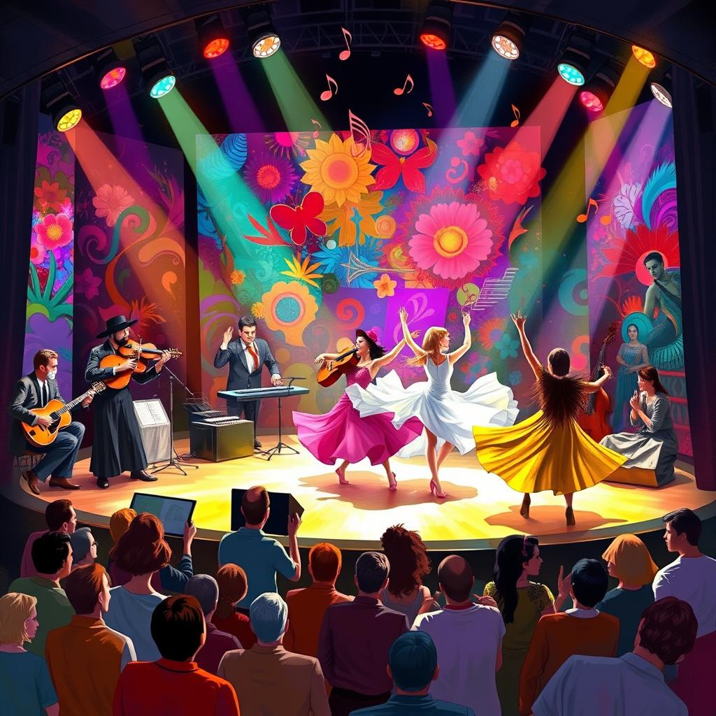 A vibrant scene depicting the fusion of music, theater, dance, and visual arts, featuring musicians passionately playing a variety of instruments on stage, dancers in flowing costumes performing intricate moves, and a backdrop filled with vivid visual art that enhances the performance