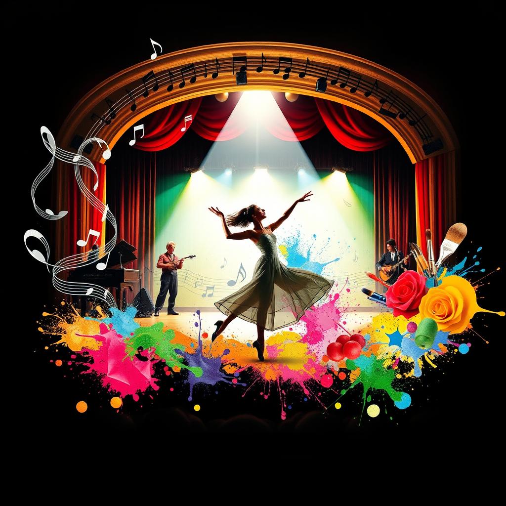 An artistic collage showcasing the integration of music, theater, dance, and visual arts