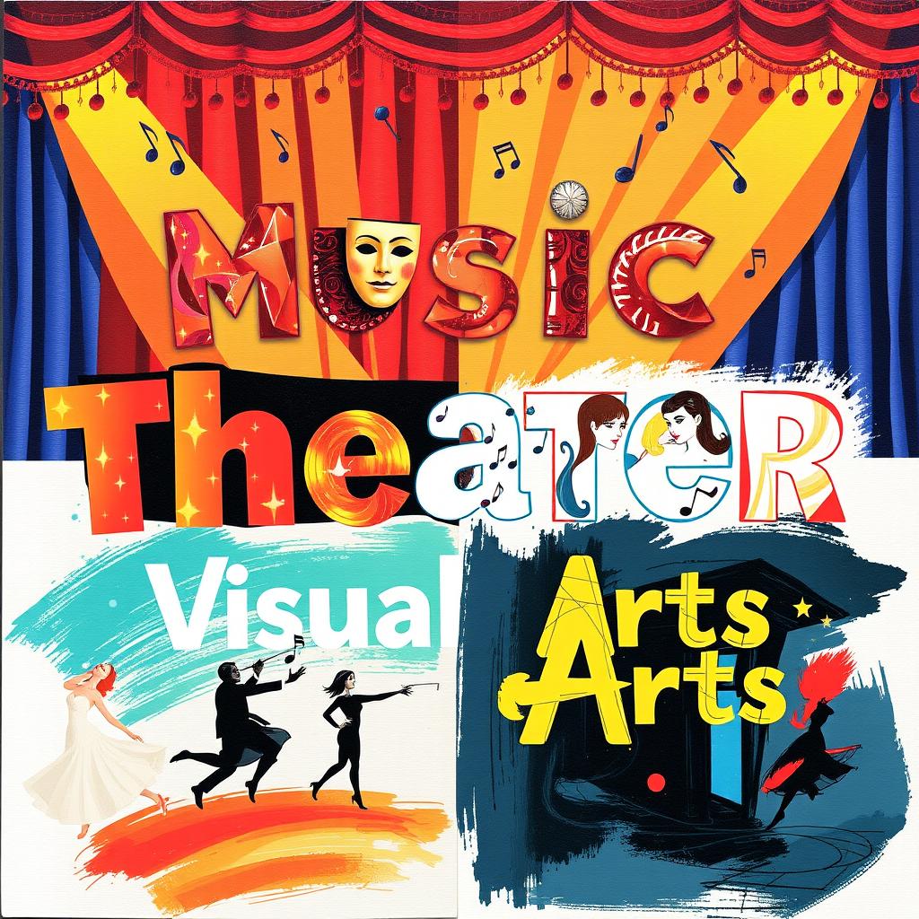 An artistic collage that creatively integrates the words 'Music', 'Theater', 'Dance', and 'Visual Arts' in an engaging and colorful manner