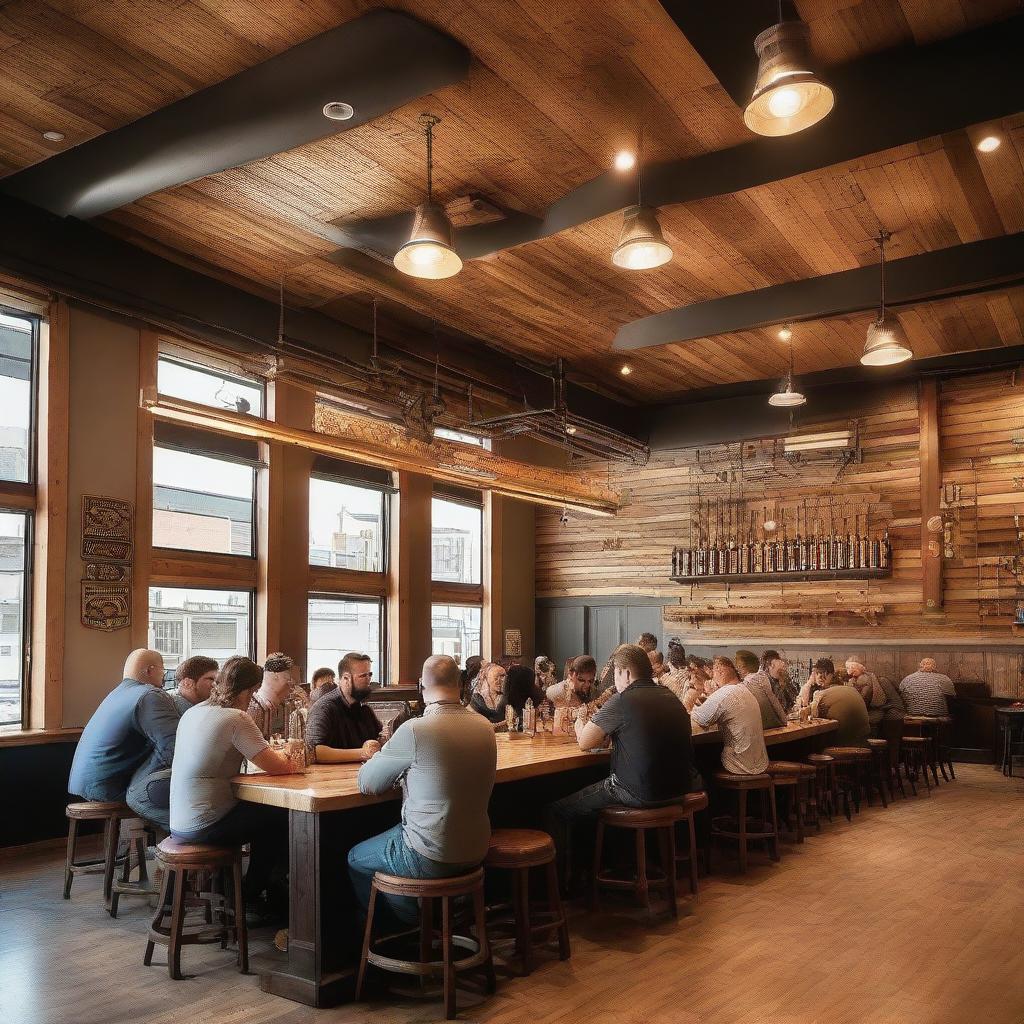 A lively scene of diverse individuals sitting in a craft brewery taproom; with wooden tables, steel kegs, delicately crafted tap handles, intricate ceiling design, and glasses filled with various shades of beer.