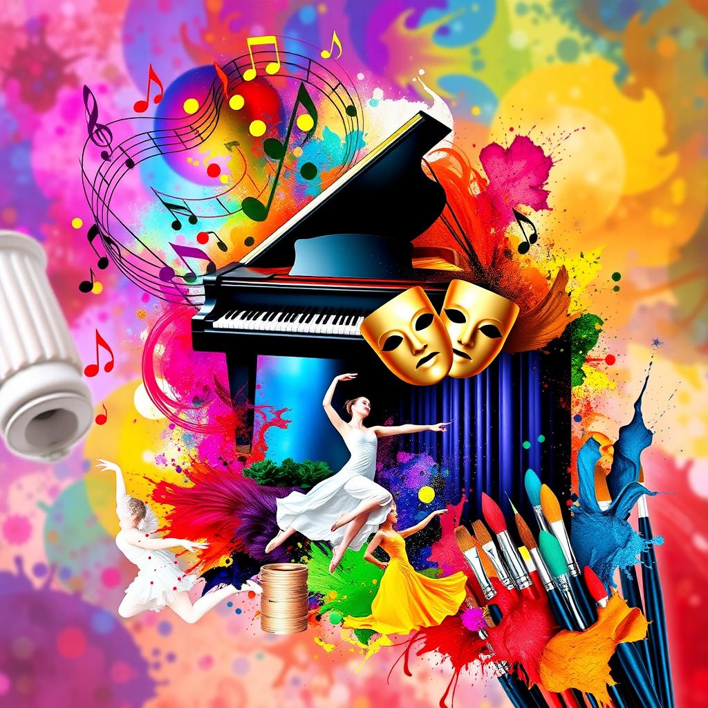 An artistic collage that beautifully represents the themes of music, theater, dance, and visual arts