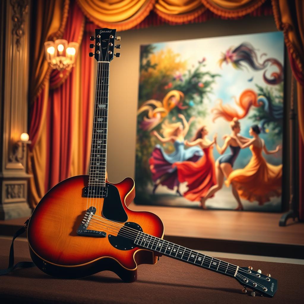 An imaginative and vibrant scene that creatively combines the elements of a guitar, theater, dance, and painting