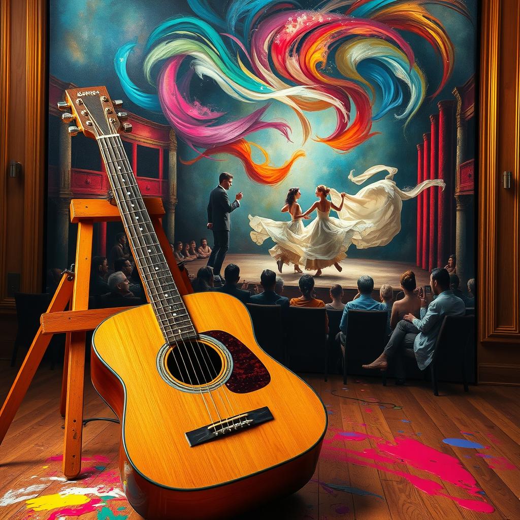 A dynamic and colorful scene that harmoniously integrates the elements of guitar, theater, dance, and painting