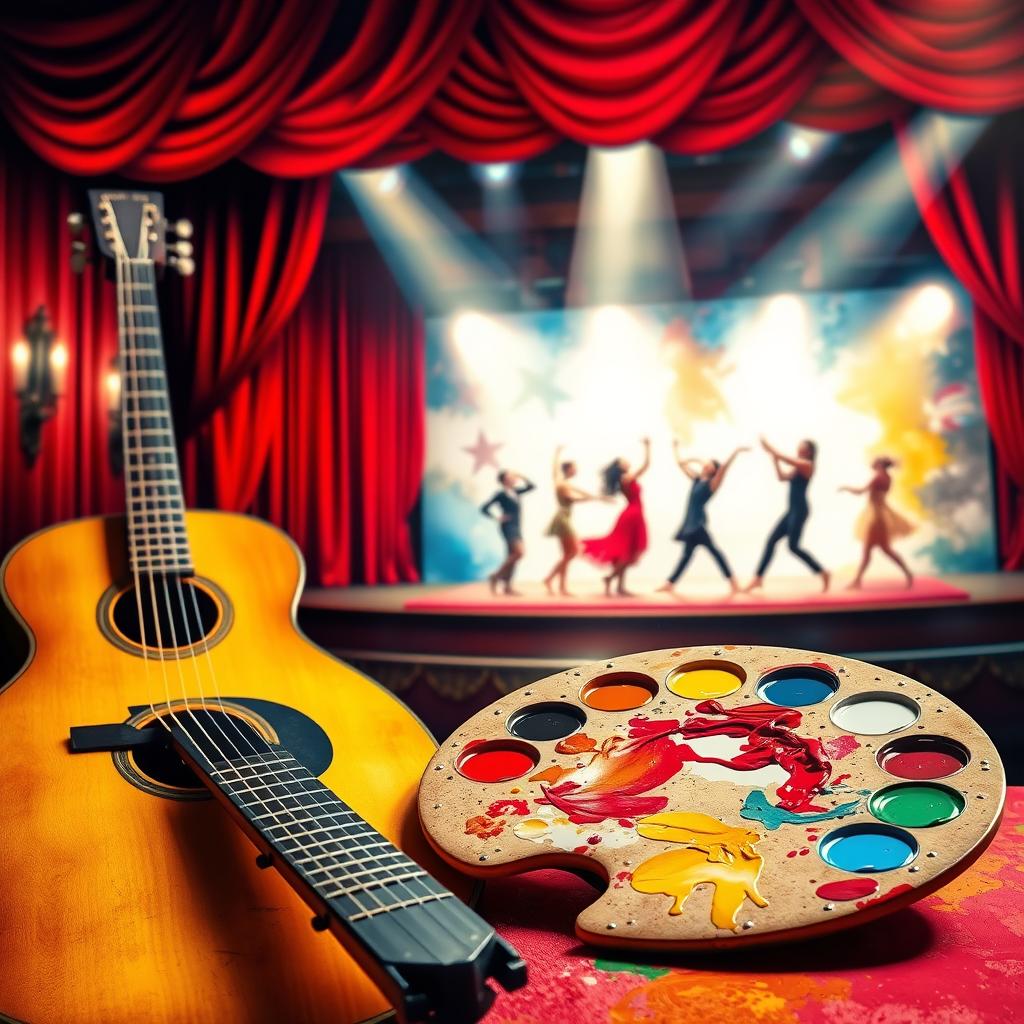 A vibrant and imaginative scene combining elements of music, performing arts, and visual arts