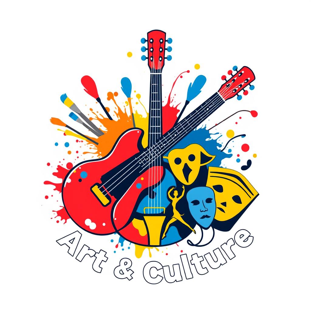 A vibrant and artistic logo representing art and culture, integrating a stylishly designed guitar, colorful paintbrushes and splattered paint to symbolize painting, elegant figures in a dance pose to represent dance, and classic theater masks to signify theater