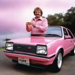 A rugged Australian bogan enjoying a Victoria Bitter beer, while doing burnouts in a salmon pink 1993 Ford Laser.