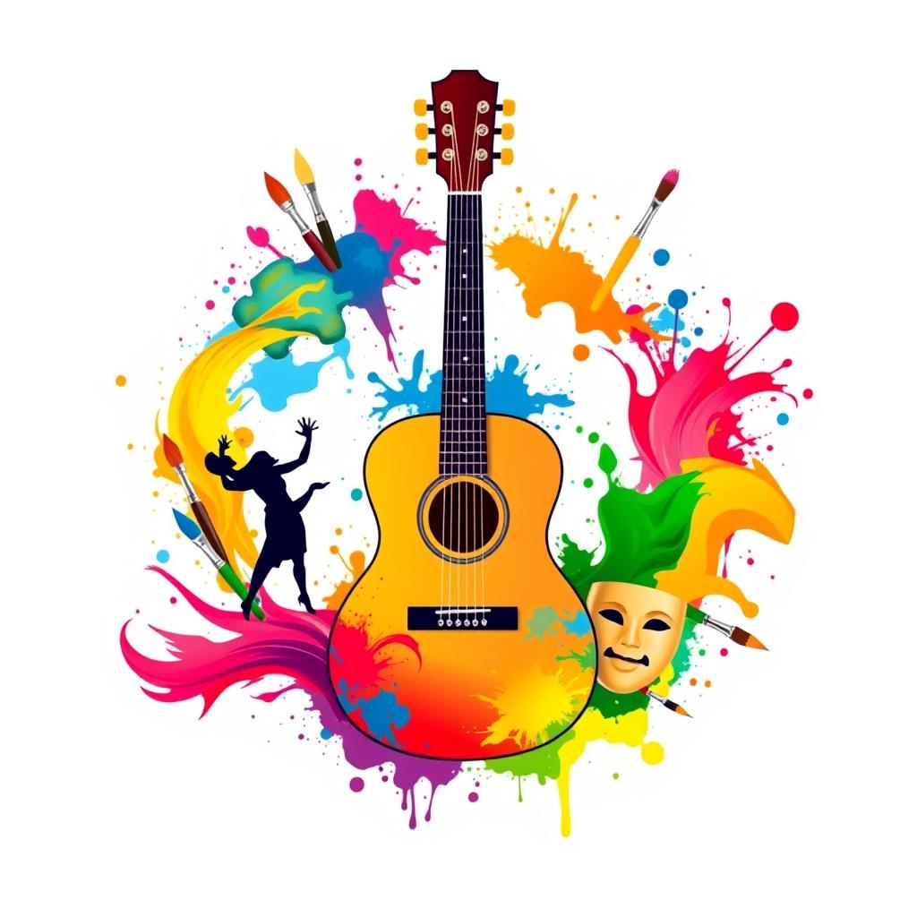 A captivating logo that embodies the essence of art and culture, featuring a beautifully designed guitar at its center, surrounded by vibrant splashes of paint and an array of paintbrushes to symbolize painting