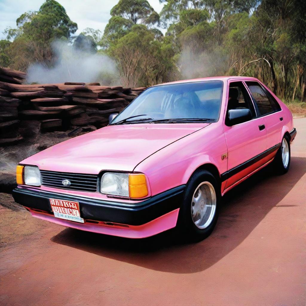 A rugged Australian bogan enjoying a Victoria Bitter beer, while doing burnouts in a salmon pink 1993 Ford Laser.