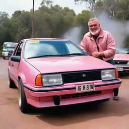 A rugged Australian bogan enjoying a Victoria Bitter beer, while doing burnouts in a salmon pink 1993 Ford Laser.