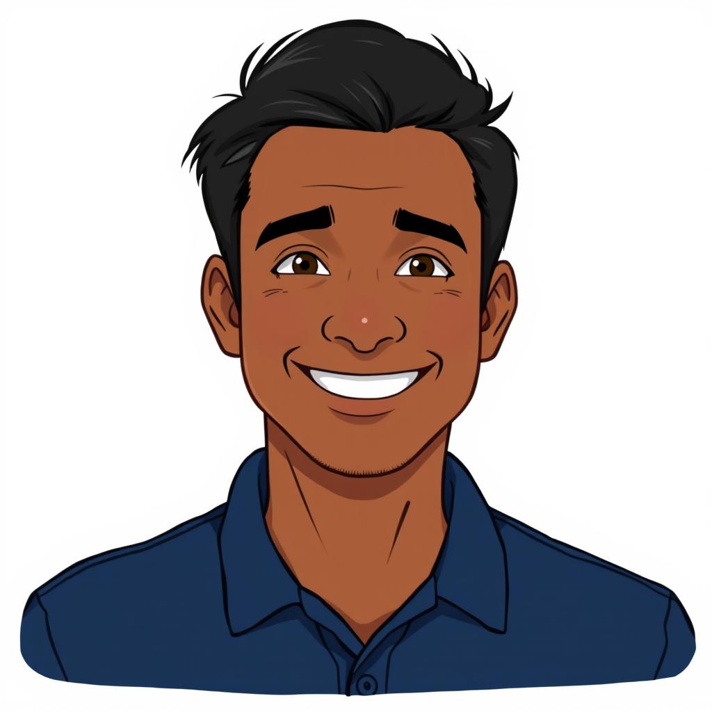 A portrait of a man of mixed descent with brown skin and slightly Indian features, wearing a dark blue polo shirt