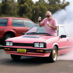 A rugged Australian bogan enjoying a Victoria Bitter beer, while doing burnouts in a salmon pink 1993 Ford Laser.