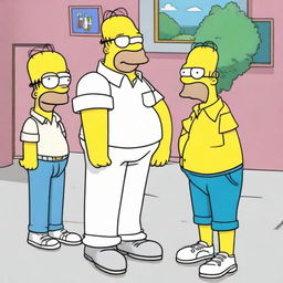 Chad and Max, two casually dressed young men, meeting Homer Simpson, the iconic animated character with yellow skin and a white shirt