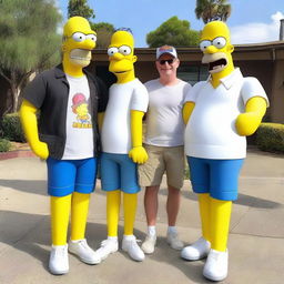 Chad and Max, two casually dressed young men, meeting Homer Simpson, the iconic animated character with yellow skin and a white shirt