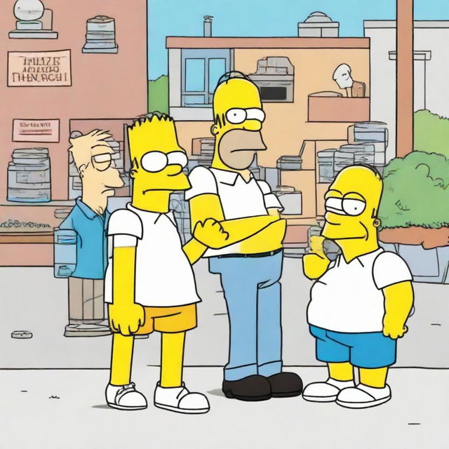 Chad and Max, two casually dressed young men, meeting Homer Simpson, the iconic animated character with yellow skin and a white shirt