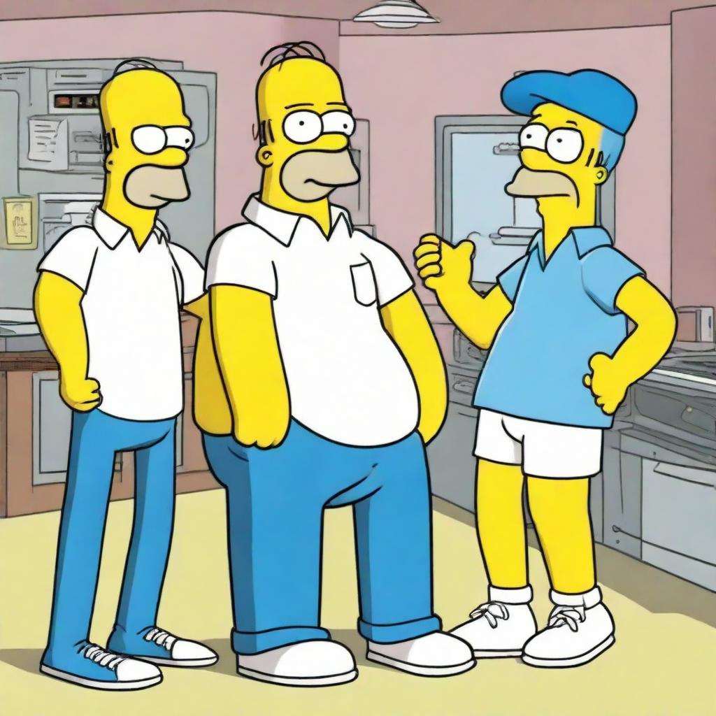 Internet personalities Chad and Max from 'Cold Ones', dressed in stylish casual attire, meeting Homer Simpson, the animated character with a white polo and blue pants