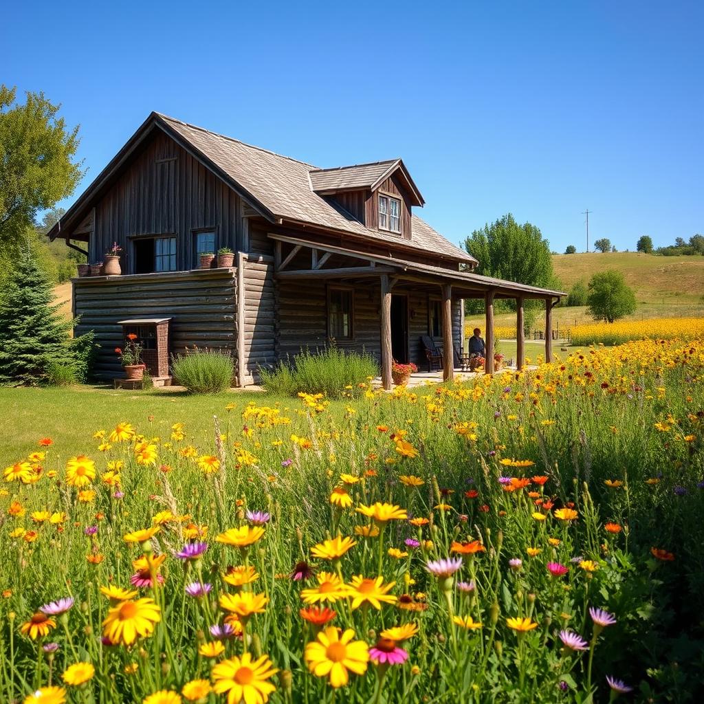 An old wooden ranch surrounded by a vibrant field filled with various plants and flowers, showcasing a rustic and serene atmosphere