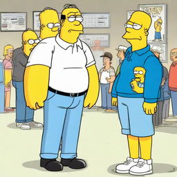 Internet personalities Chad and Max from 'Cold Ones', dressed in stylish casual attire, meeting Homer Simpson, the animated character with a white polo and blue pants