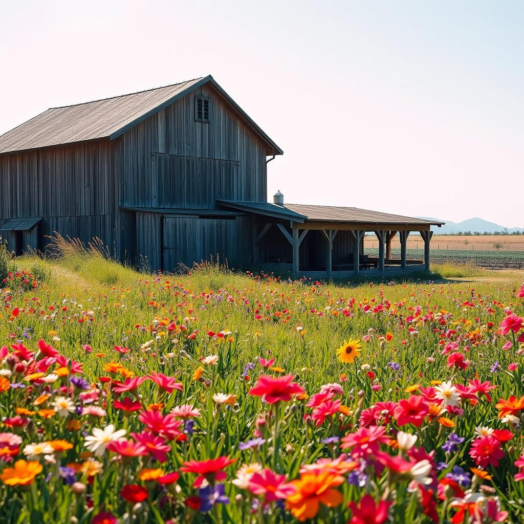 A rustic wooden ranch situated in a vast field filled with vibrant plants and colorful flowers