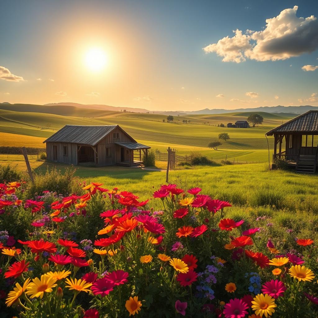 A scenic rural landscape depicting an old ranch named 'Rancho Velho' surrounded by vibrant blooming flowers, with traditional rustic wooden buildings and sprawling green fields