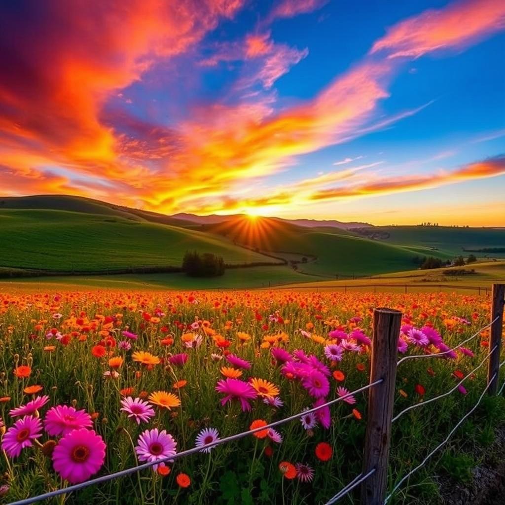 A beautiful sunrise in the field at Rancho das Flores, showcasing a vibrant sky filled with orange, pink, and purple hues