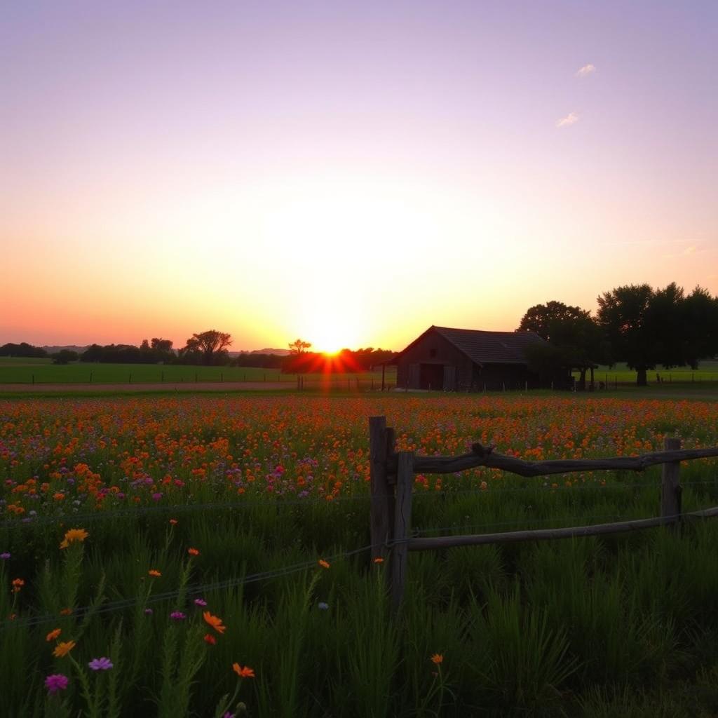 A serene countryside scene at dusk, depicting a rustic farmhouse, known as the 'Rancho das Flores', surrounded by vibrant fields of wildflowers