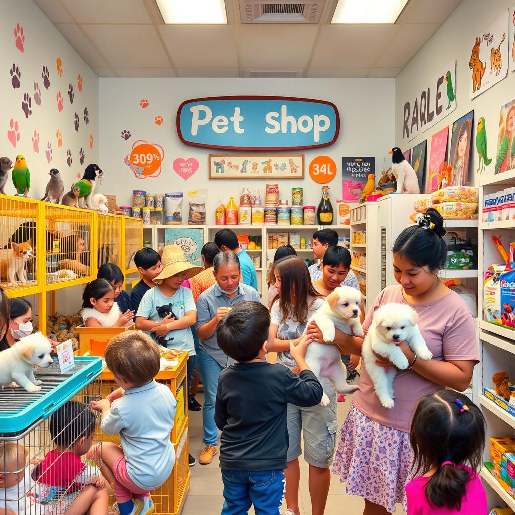 A lively pet shop named 'Raquel Pet Shop', filled with various adorable animals including puppies, kittens, and colorful birds in vibrant cages