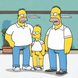 Internet personalities Chad and Max from 'Cold Ones', dressed in stylish casual attire, meeting Homer Simpson, the animated character with a white polo and blue pants