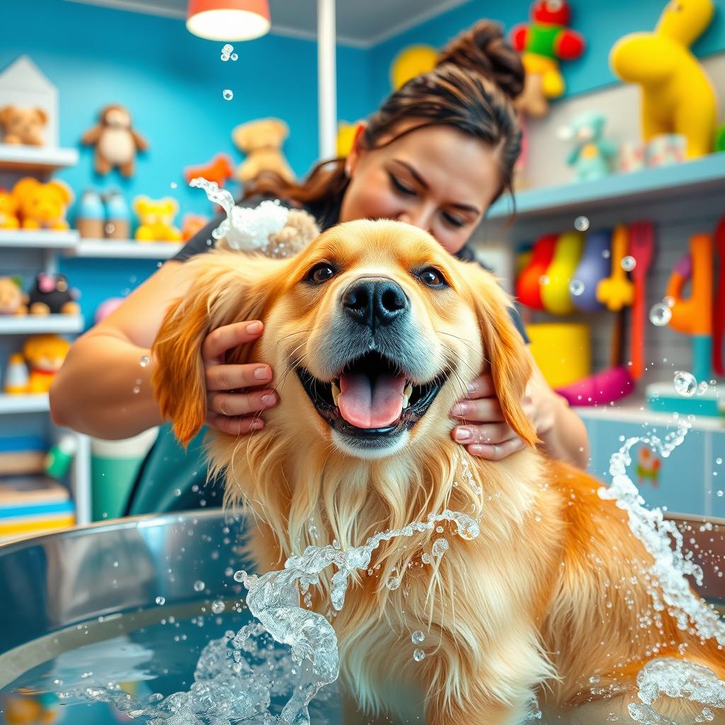 A dog being bathed in a pet shop setting, with a cheerful atmosphere