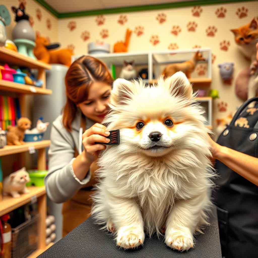 A charming scene inside a cozy pet shop featuring a fluffy German Spitz puppy being groomed