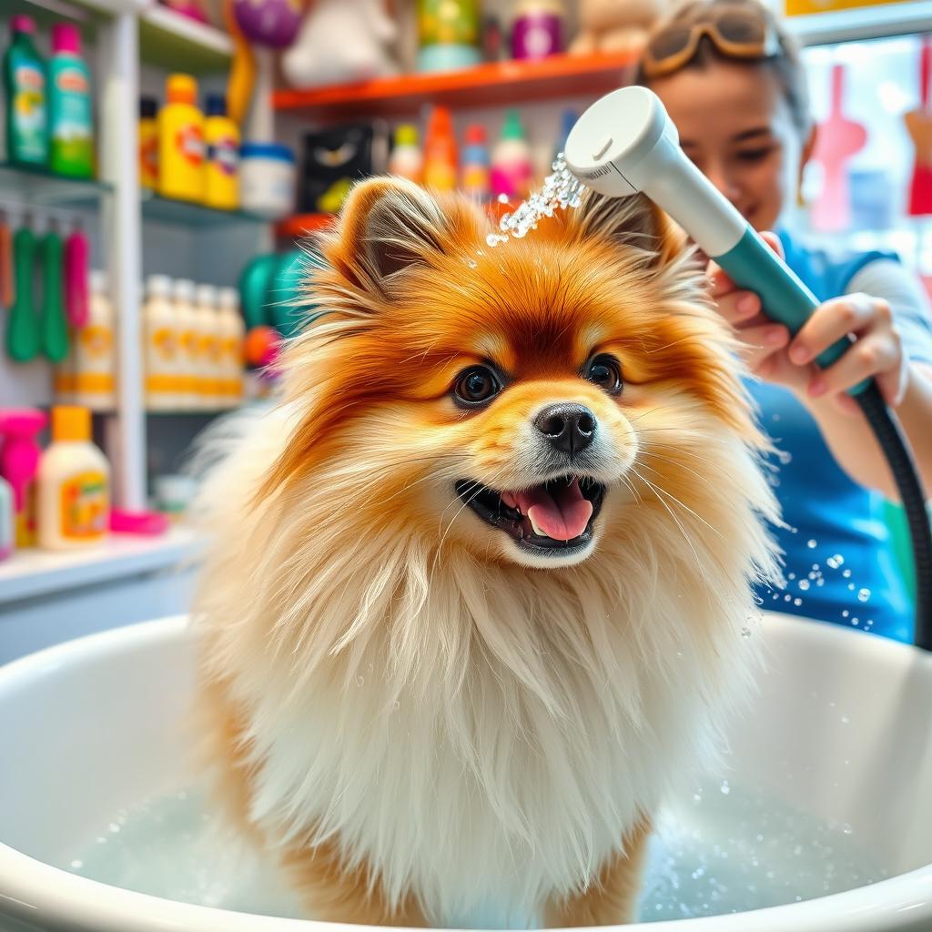 A fluffy German Spitz dog being bathed in a pet shop