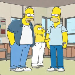 Internet personalities Chad and Max from 'Cold Ones', dressed in stylish casual attire, meeting Homer Simpson, the animated character with a white polo and blue pants